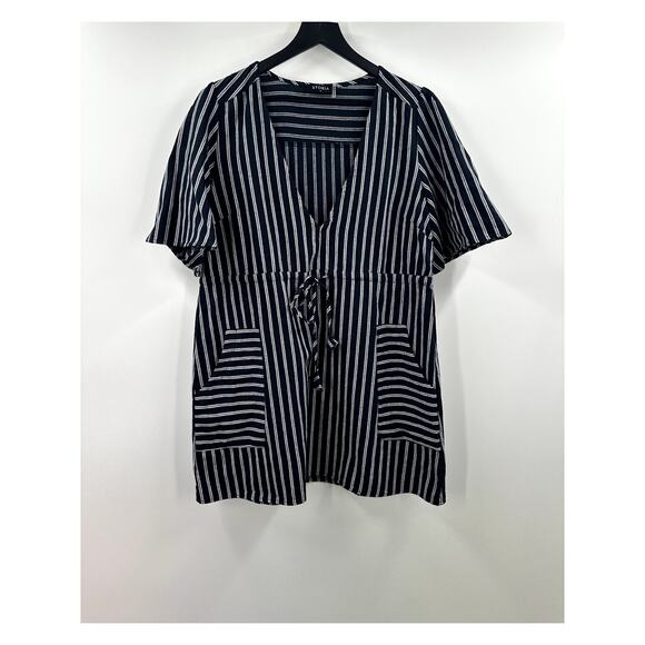 STORIA 100% Cotton Striped Mini Deep V Dress Size Medium - Picture 1 of 6
